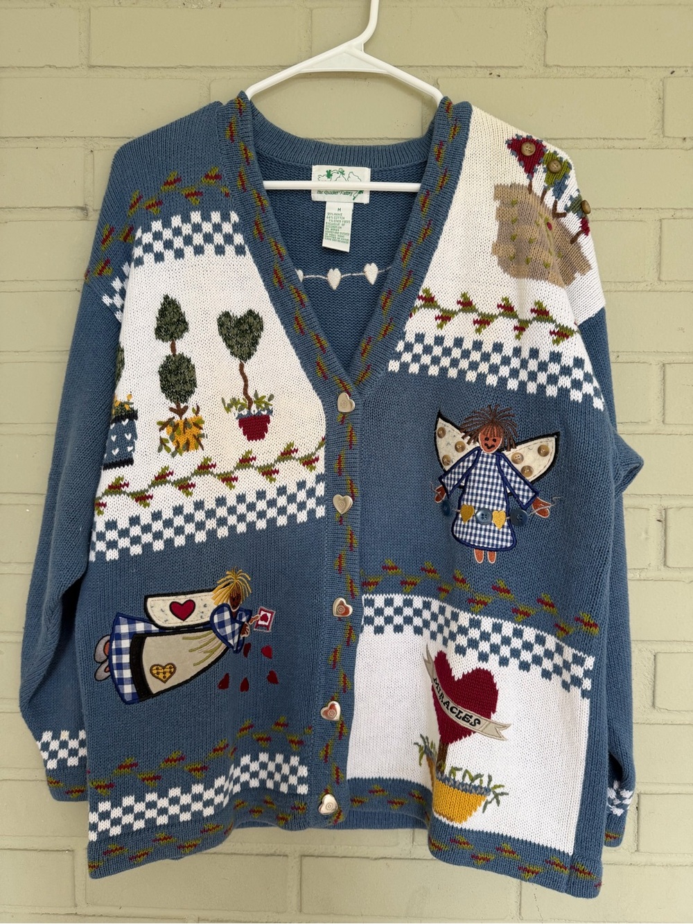 Quacker Factory Blue Patchwork Angels Cardigan with Multicolor Appliqués